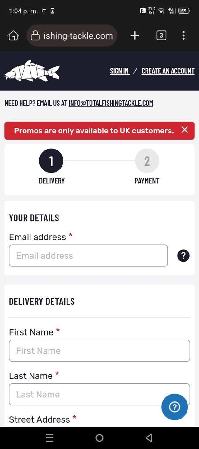 Total Fishing Tackle checkout page showing Total Fishing Tackle discount code box | Screenshot taken by SimplyCodes community member on Jan 4, 2025