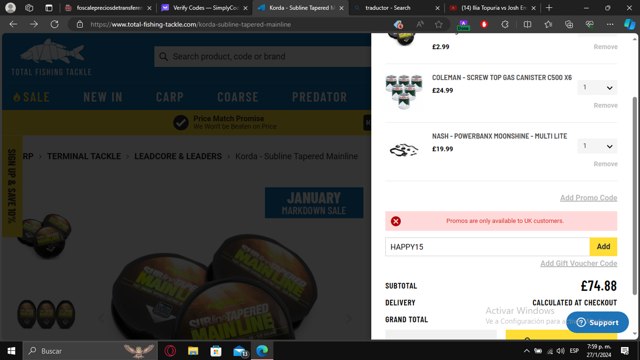 Total Fishing Tackle checkout page showing Total Fishing Tackle discount code box | Screenshot taken by SimplyCodes community member on Jan 27, 2024