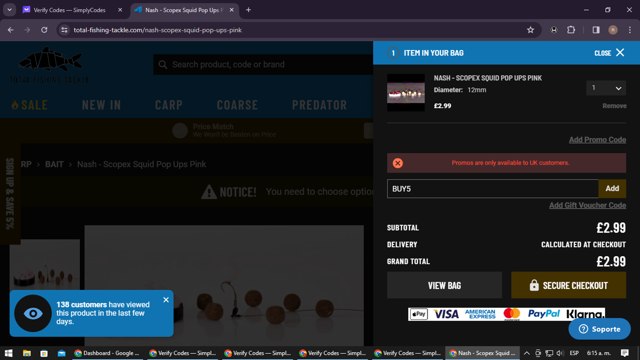 Total Fishing Tackle checkout page showing Total Fishing Tackle discount code box | Screenshot taken by SimplyCodes community member on Mar 12, 2024
