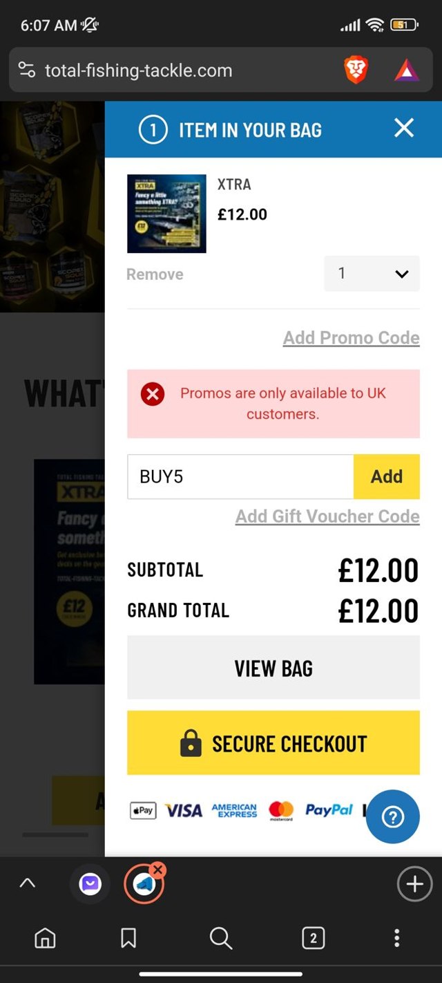Total Fishing Tackle checkout page showing Total Fishing Tackle discount code box | Screenshot taken by SimplyCodes community member on Mar 12, 2024