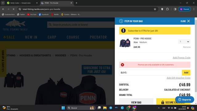 Total Fishing Tackle checkout page showing Total Fishing Tackle discount code box | Screenshot taken by SimplyCodes community member on Apr 11, 2024