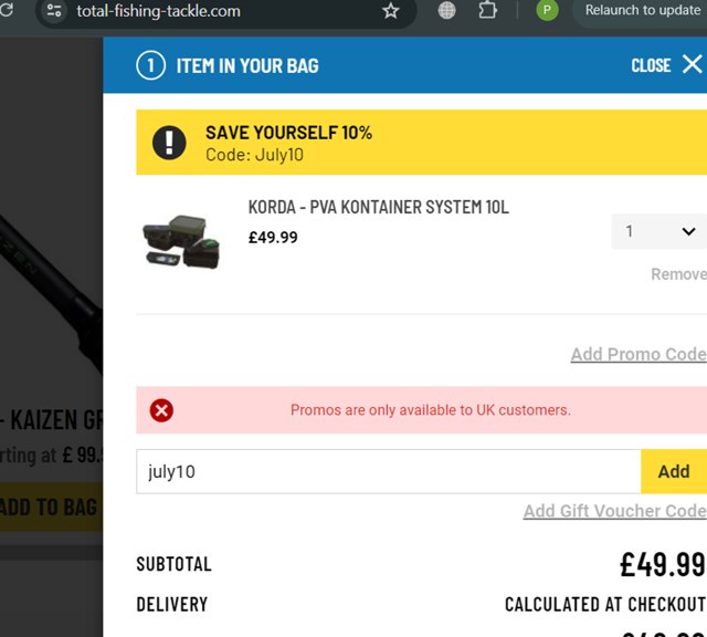 Total Fishing Tackle checkout page showing Total Fishing Tackle discount code box | Screenshot taken by SimplyCodes community member on Jul 29, 2024
