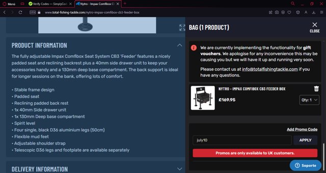 Total Fishing Tackle checkout page showing Total Fishing Tackle discount code box | Screenshot taken by SimplyCodes community member on Aug 28, 2024