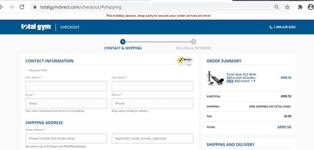 Total Gym checkout page showing Total Gym promo code box | Screenshot taken by SimplyCodes community member on Nov 24, 2020