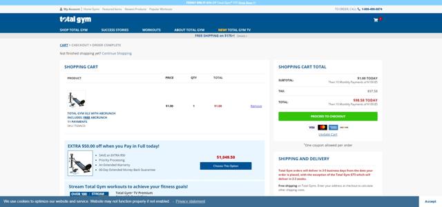 Total Gym checkout page showing Total Gym promo code box | Screenshot taken by SimplyCodes community member on Aug 3, 2021