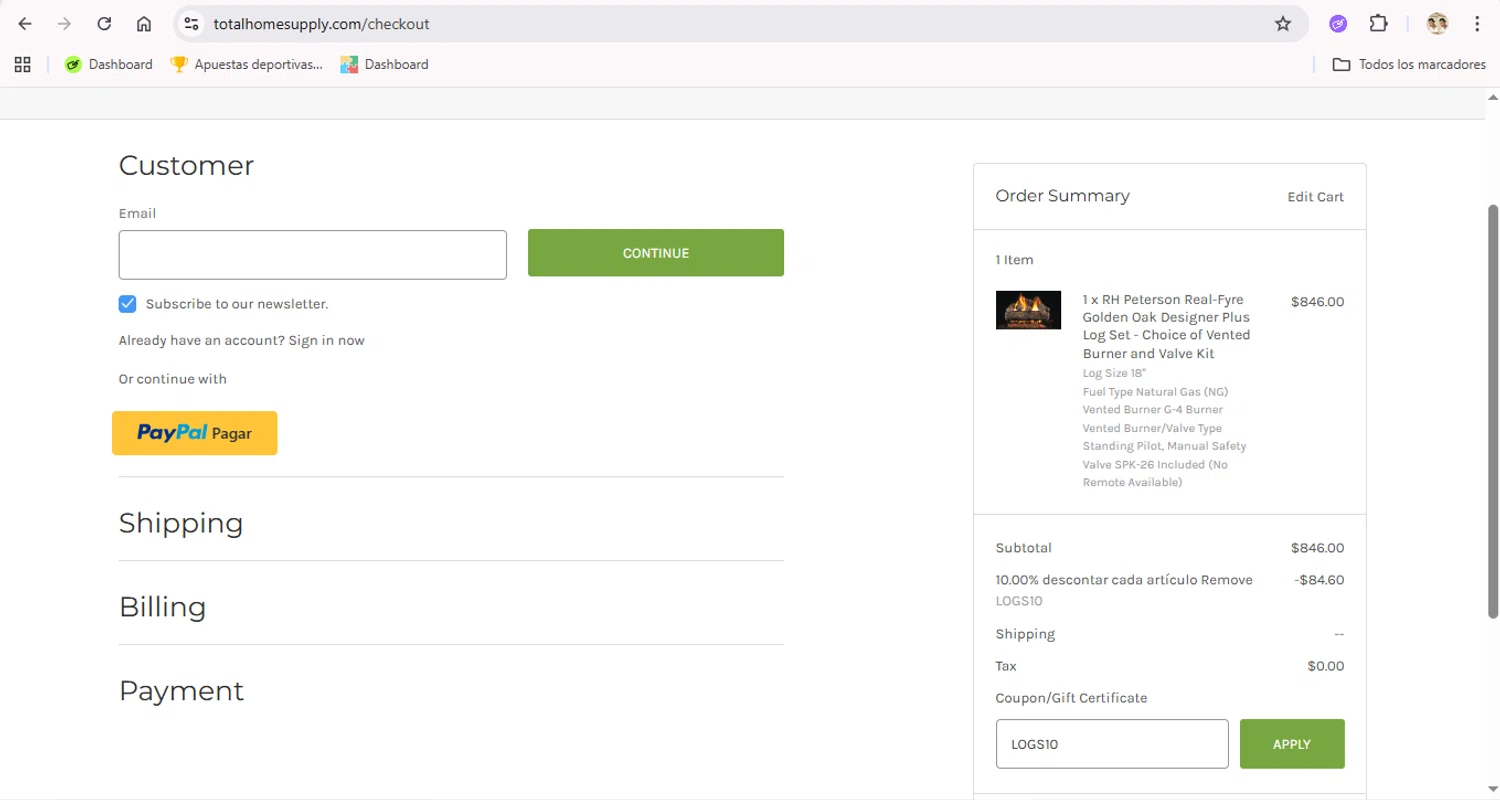 Total Home Supply coupon code screenshot showing code LOGS10 applied at Total Home Supply checkout page. Uploaded by SimplyCodes community member LegendaryTitan9160 on Nov 5, 2025