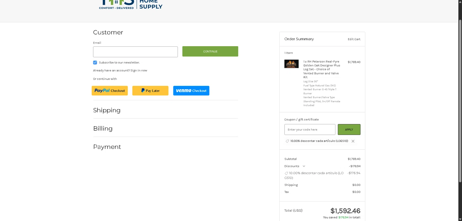 Total Home Supply coupon code screenshot showing code LOGS10 applied at Total Home Supply checkout page. Uploaded by SimplyCodes community member PromoElite4745 on Dec 31, 2025