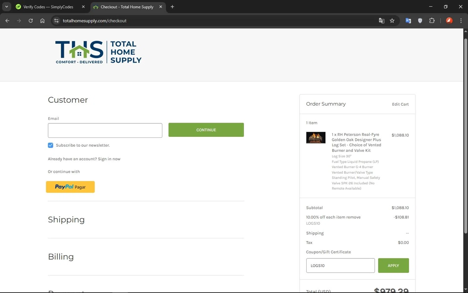 Total Home Supply coupon code screenshot showing code LOGS10 applied at Total Home Supply checkout page. Uploaded by SimplyCodes community member VoucherShopper1452 on Apr 2, 2025