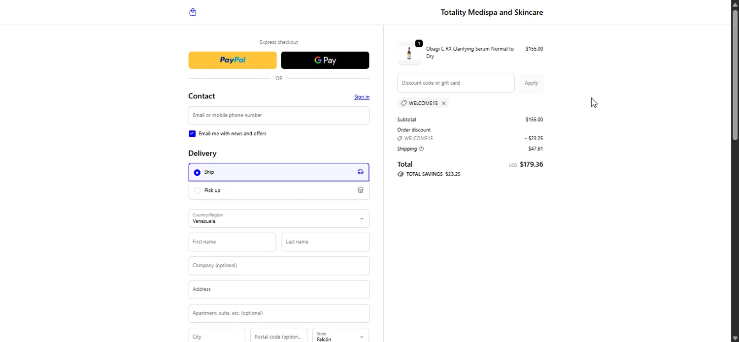 Totality Skin Care promo code screenshot showing code WELCOME15 applied at Totality Skin Care checkout page. Uploaded by SimplyCodes community member Prospecto on Oct 15, 2025