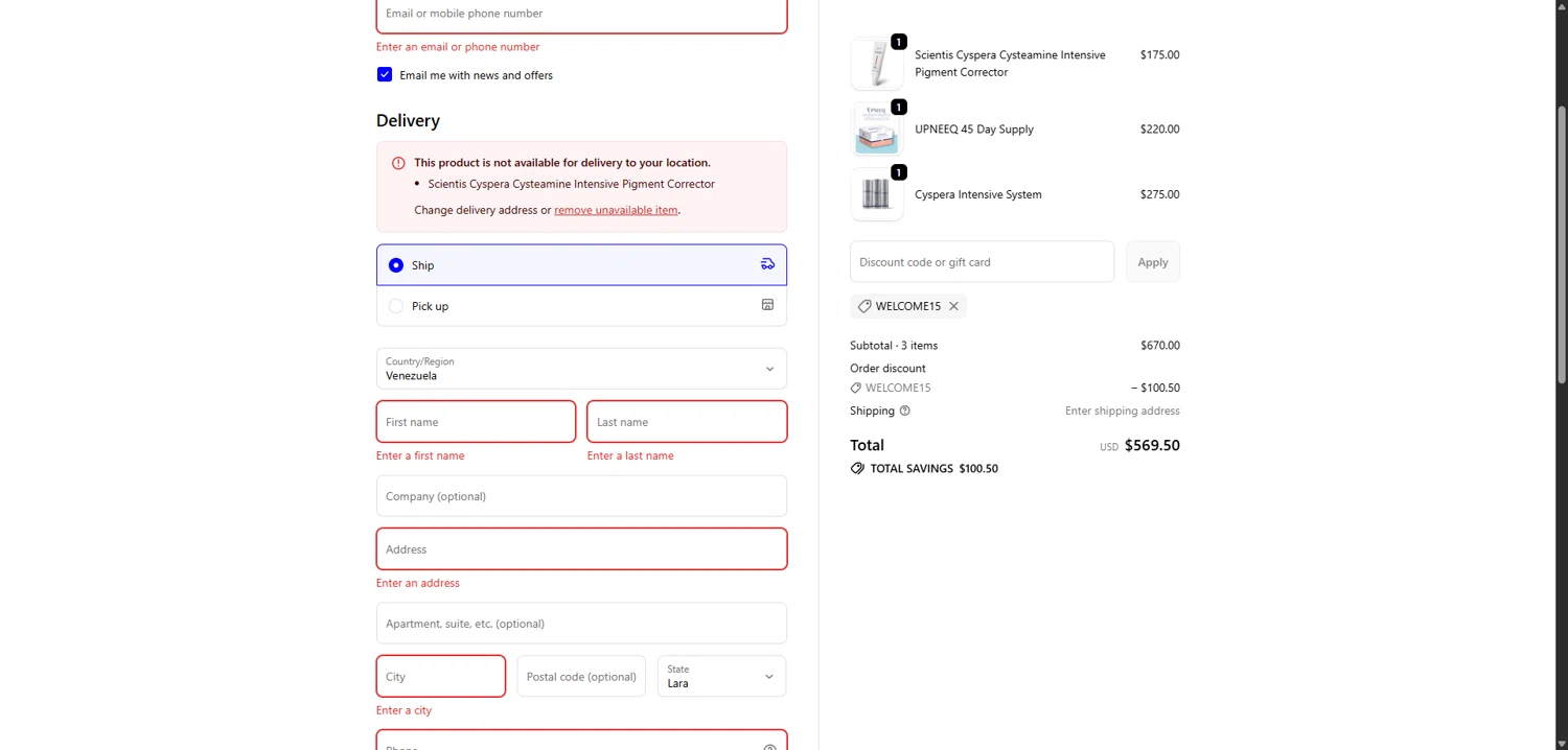 Totality Skin Care promo code screenshot showing code WELCOME15 applied at Totality Skin Care checkout page. Uploaded by SimplyCodes community member TokenCollector1268 on Oct 27, 2025