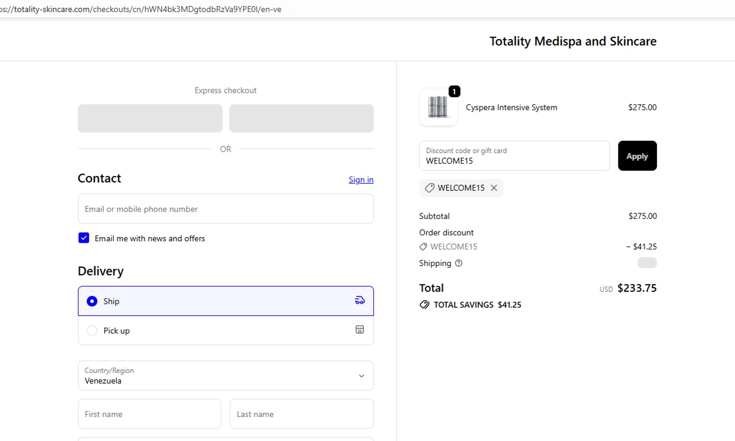 Totality Skin Care promo code screenshot showing code WELCOME15 applied at Totality Skin Care checkout page. Uploaded by SimplyCodes community member carloschacin on Oct 27, 2025