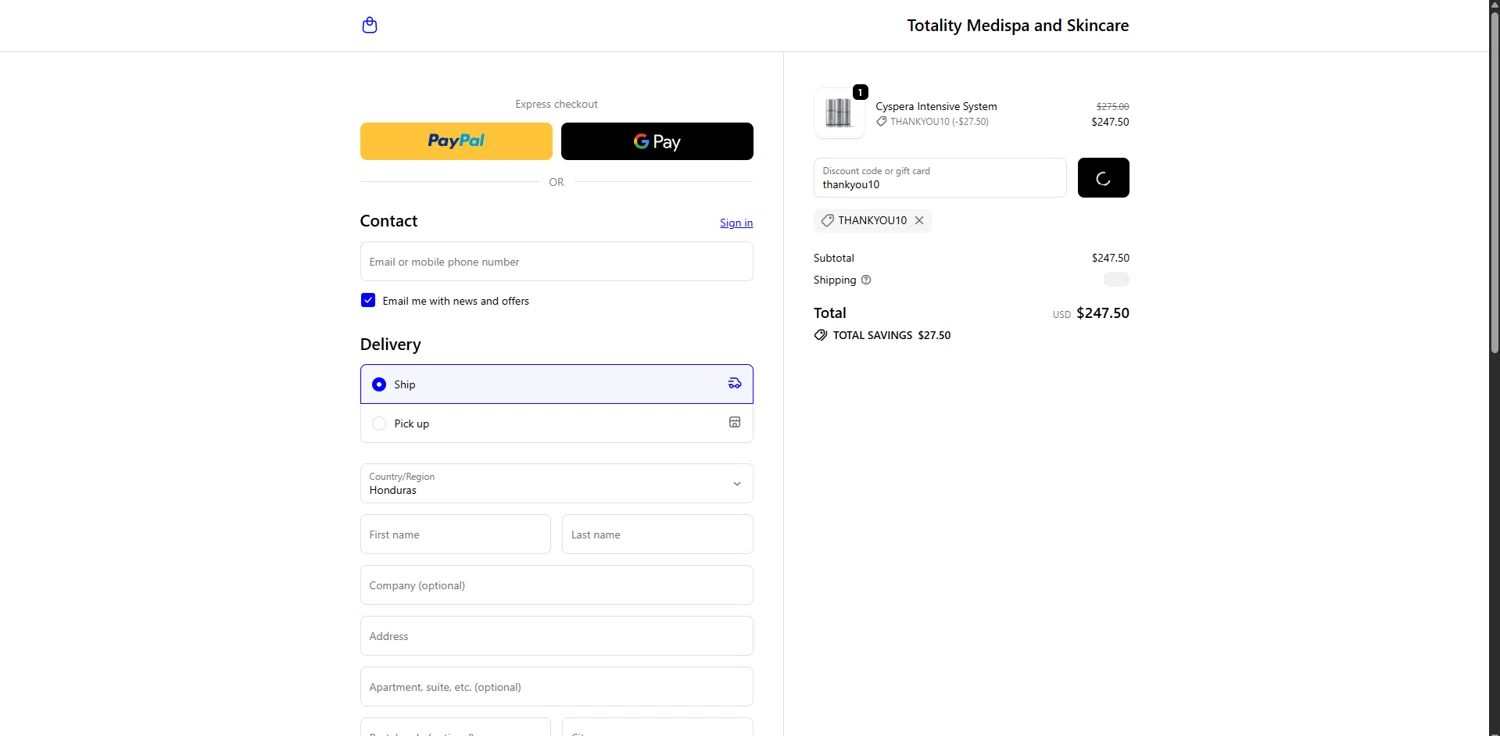 Totality Skin Care checkout page showing Totality Skin Care promo code box | Screenshot taken by SimplyCodes community member on Jan 8, 2026