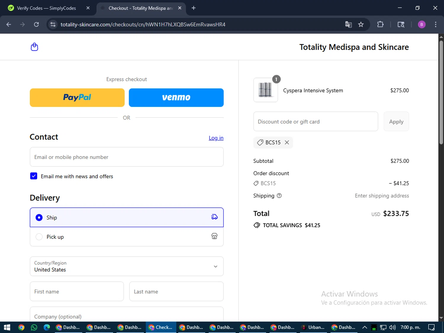 Totality Skin Care promo code screenshot showing code BCS15 applied at Totality Skin Care checkout page. Uploaded by SimplyCodes community member travisscott on Jul 31, 2025