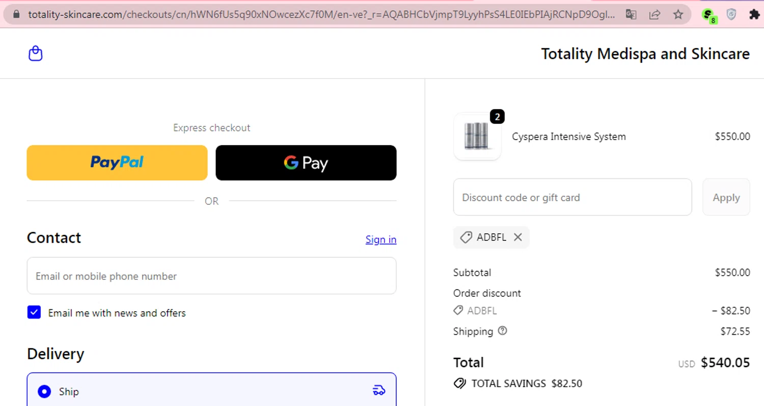 Totality Skin Care promo code screenshot showing code ADBFL applied at Totality Skin Care checkout page. Uploaded by SimplyCodes community member Mileidy on Dec 21, 2025