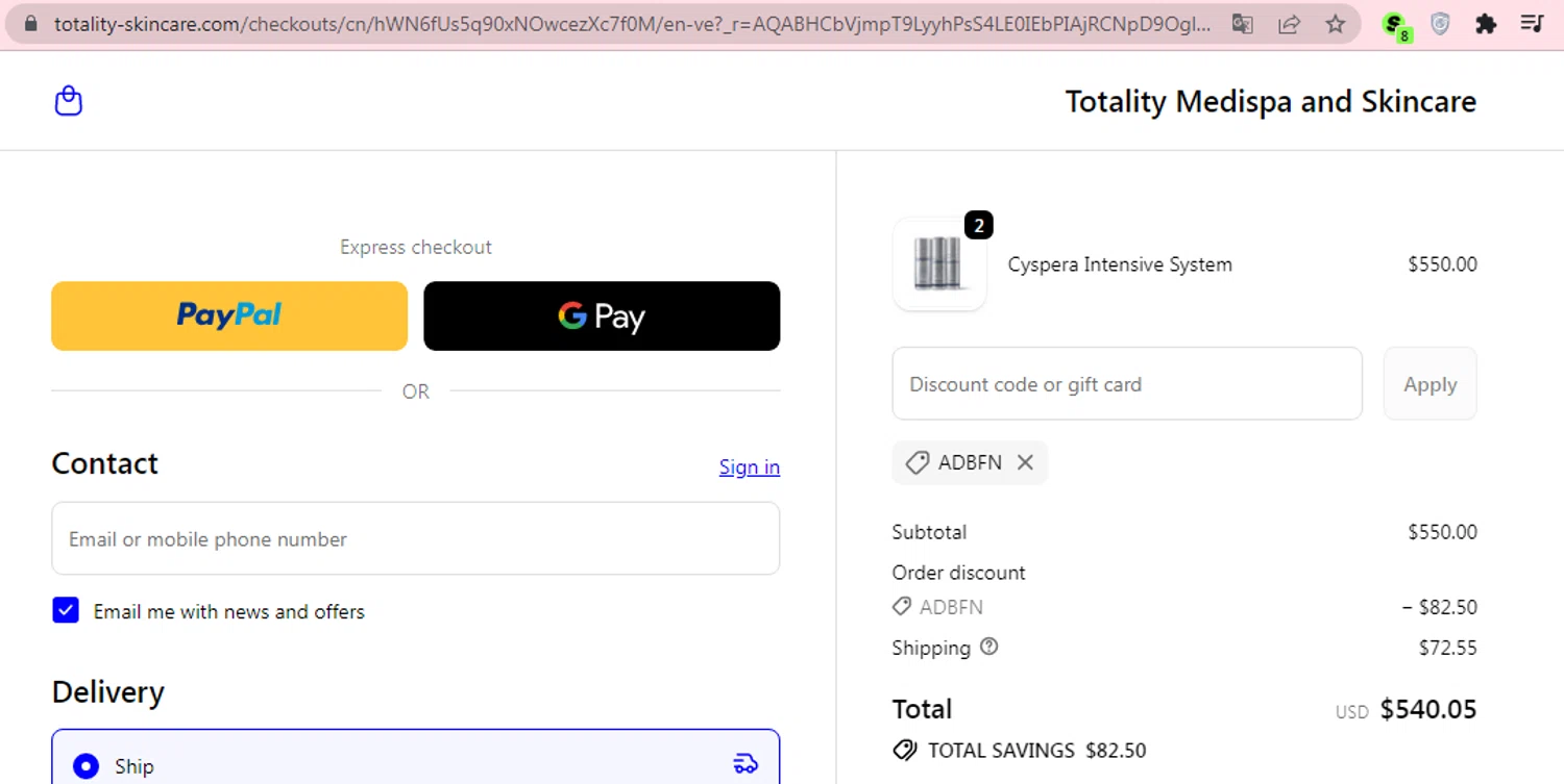 Totality Skin Care promo code screenshot showing code ADBFN applied at Totality Skin Care checkout page. Uploaded by SimplyCodes community member Mileidy on Dec 21, 2025