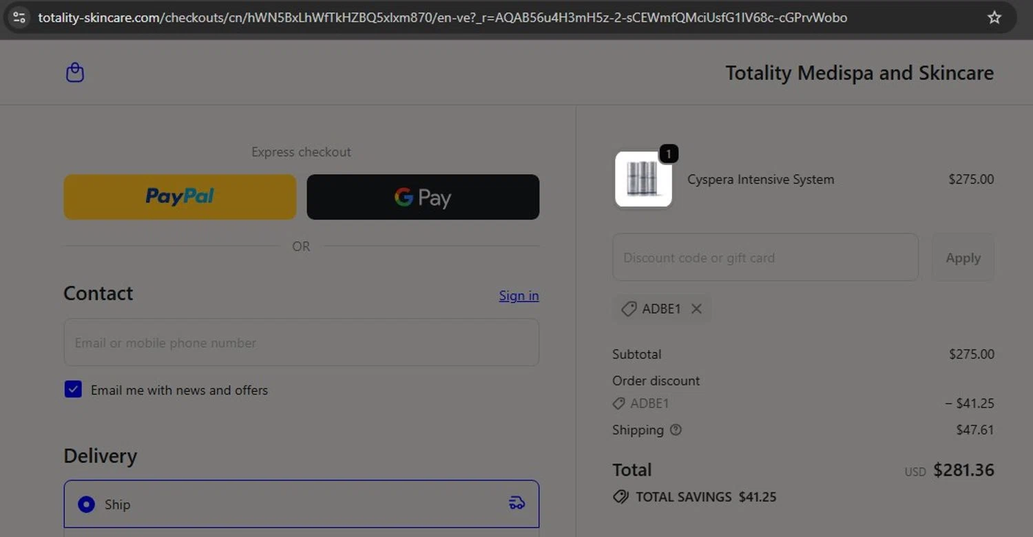 Totality Skin Care promo code screenshot showing code ADBE1 applied at Totality Skin Care checkout page. Uploaded by SimplyCodes community member Mileidy on Nov 12, 2025