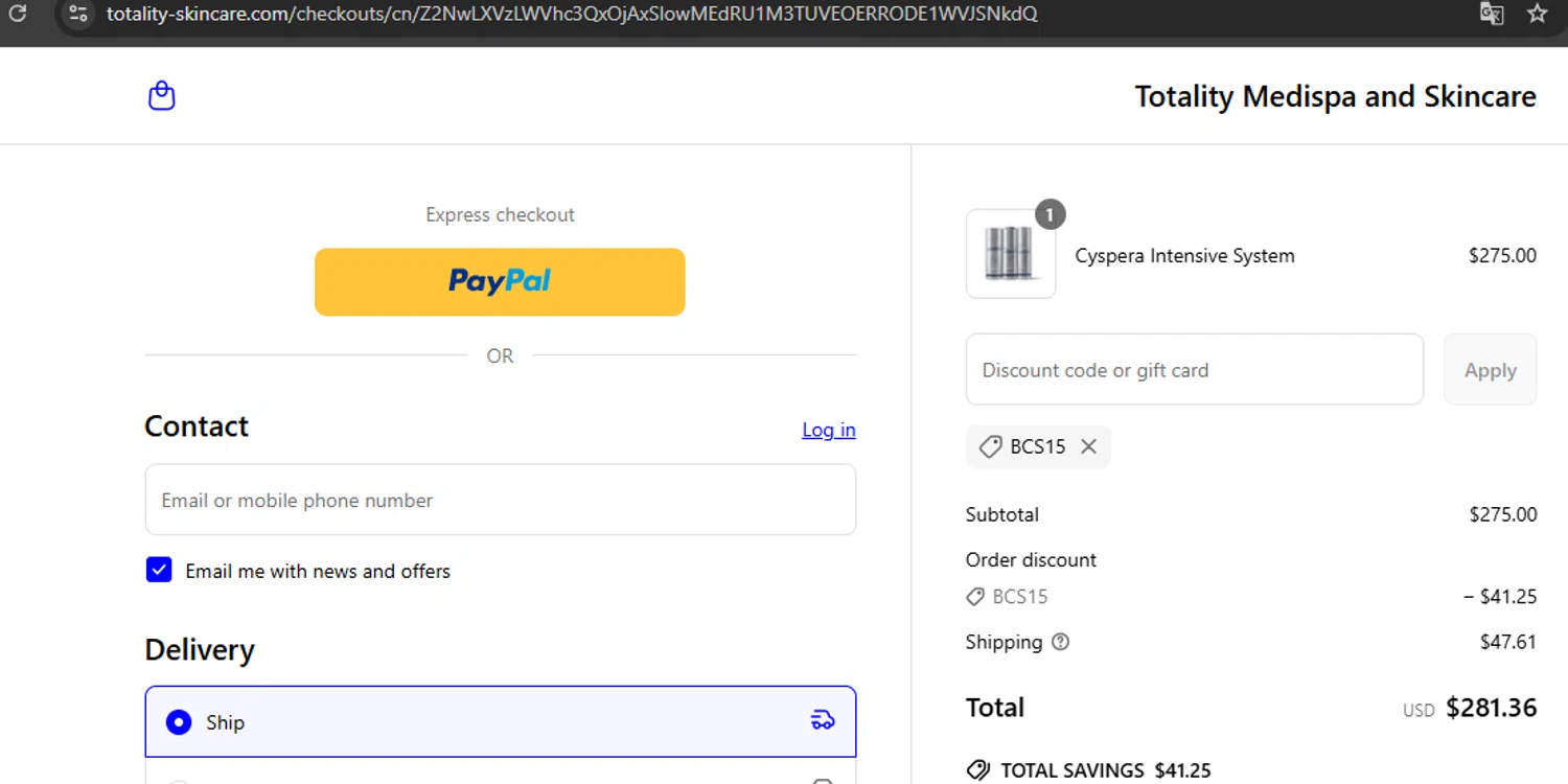 Totality Skin Care promo code screenshot showing code BCS15 applied at Totality Skin Care checkout page. Uploaded by SimplyCodes community member javierprez on Jun 30, 2025