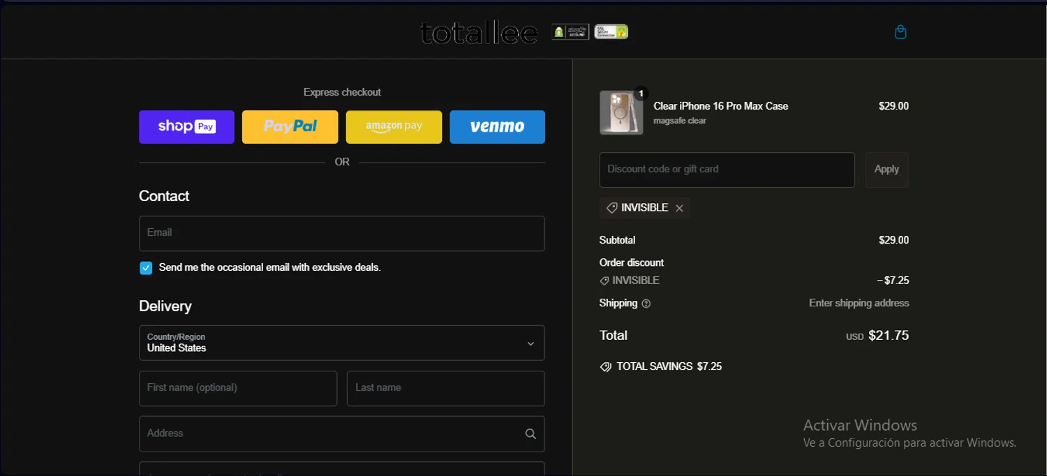 Totallee promo code screenshot showing code INVISIBLE applied at Totallee checkout page. Uploaded by SimplyCodes community member BeastMode on Feb 15, 2025