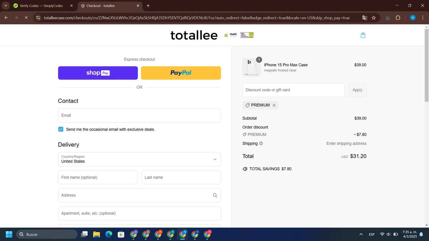 Totallee promo code screenshot showing code PREMIUM applied at Totallee checkout page. Uploaded by SimplyCodes community member WiseVoyager1656 on Mar 4, 2025