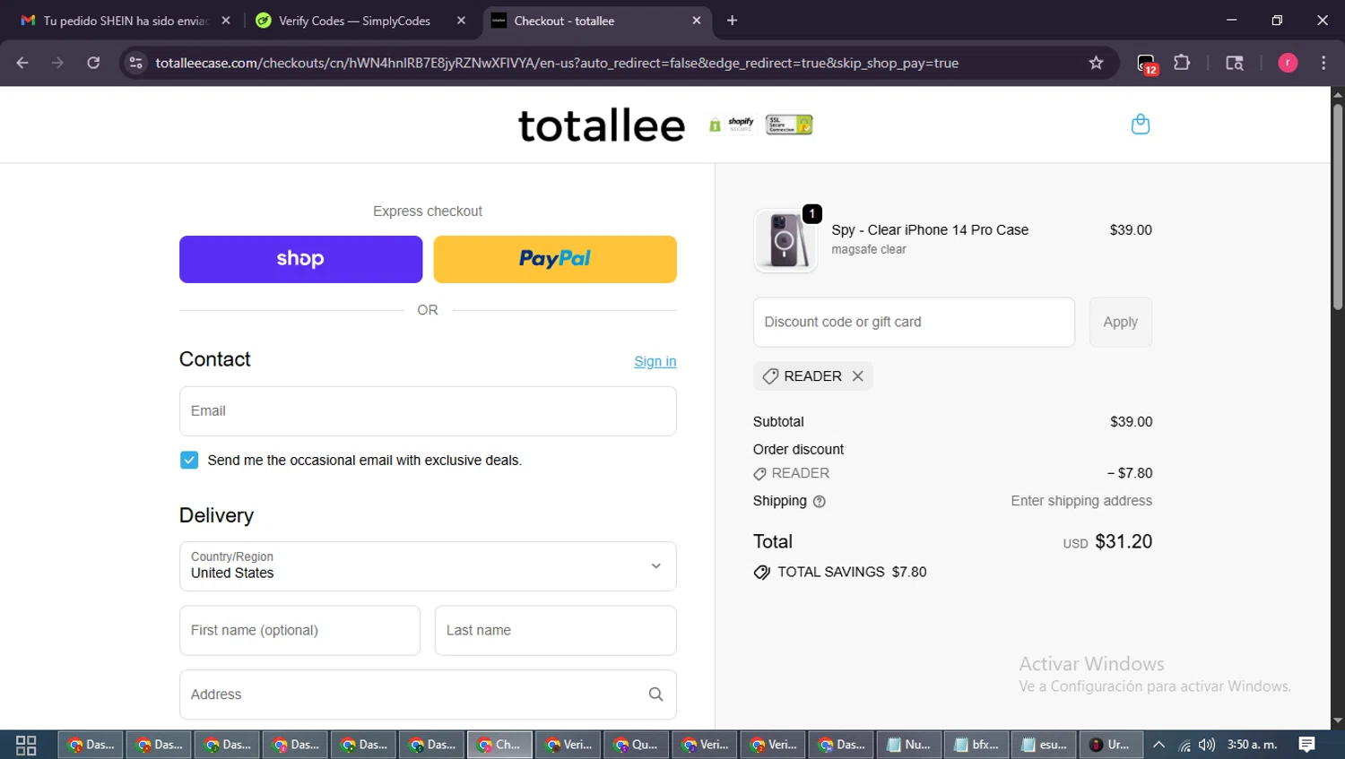 Totallee promo code screenshot showing code READER applied at Totallee checkout page. Uploaded by SimplyCodes community member WisePro3739 on Oct 30, 2025