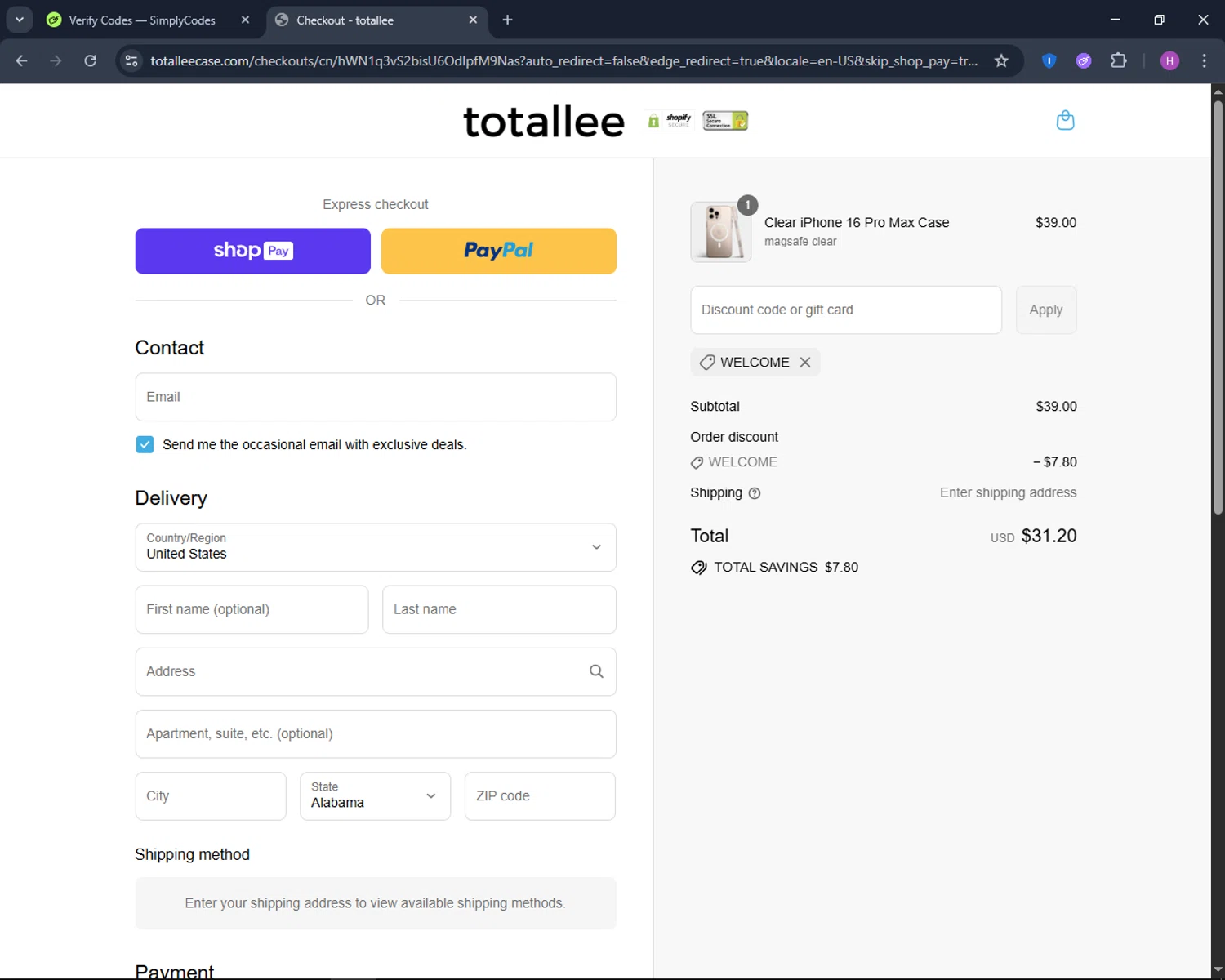 Totallee promo code screenshot showing code WELCOME applied at Totallee checkout page. Uploaded by SimplyCodes community member TokenNavigator6891 on Aug 15, 2025