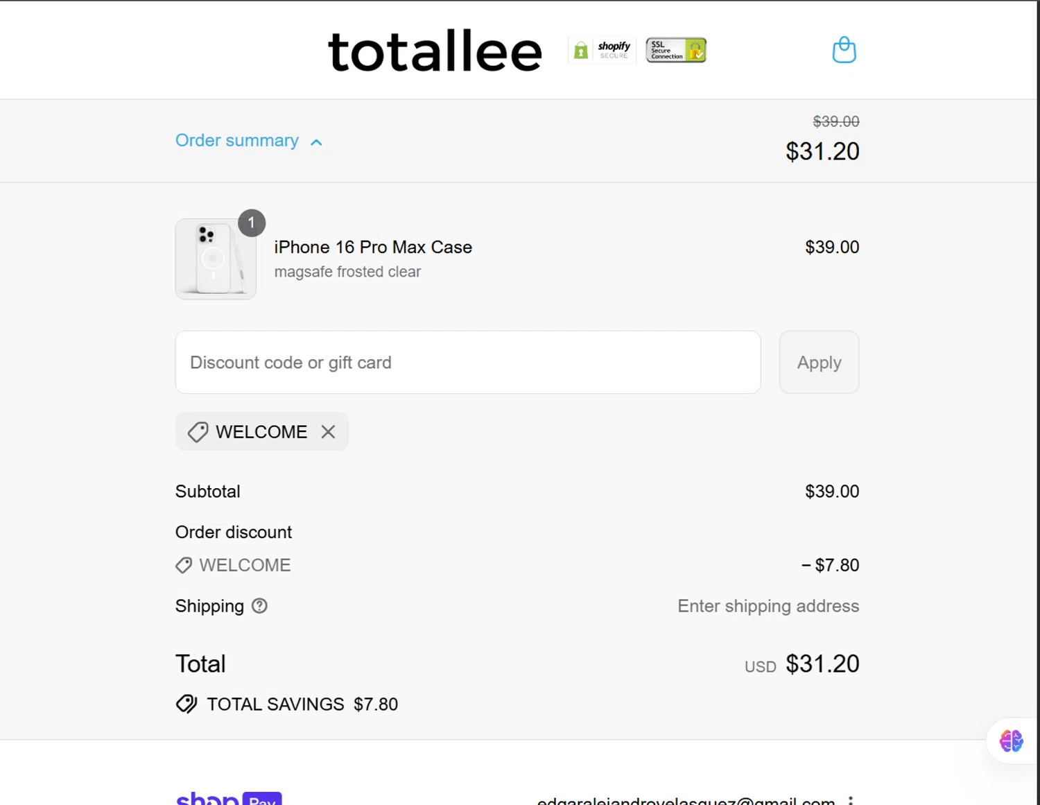 Totallee promo code screenshot showing code WELCOME applied at Totallee checkout page. Uploaded by SimplyCodes community member ValiantLion5897 on Aug 8, 2025