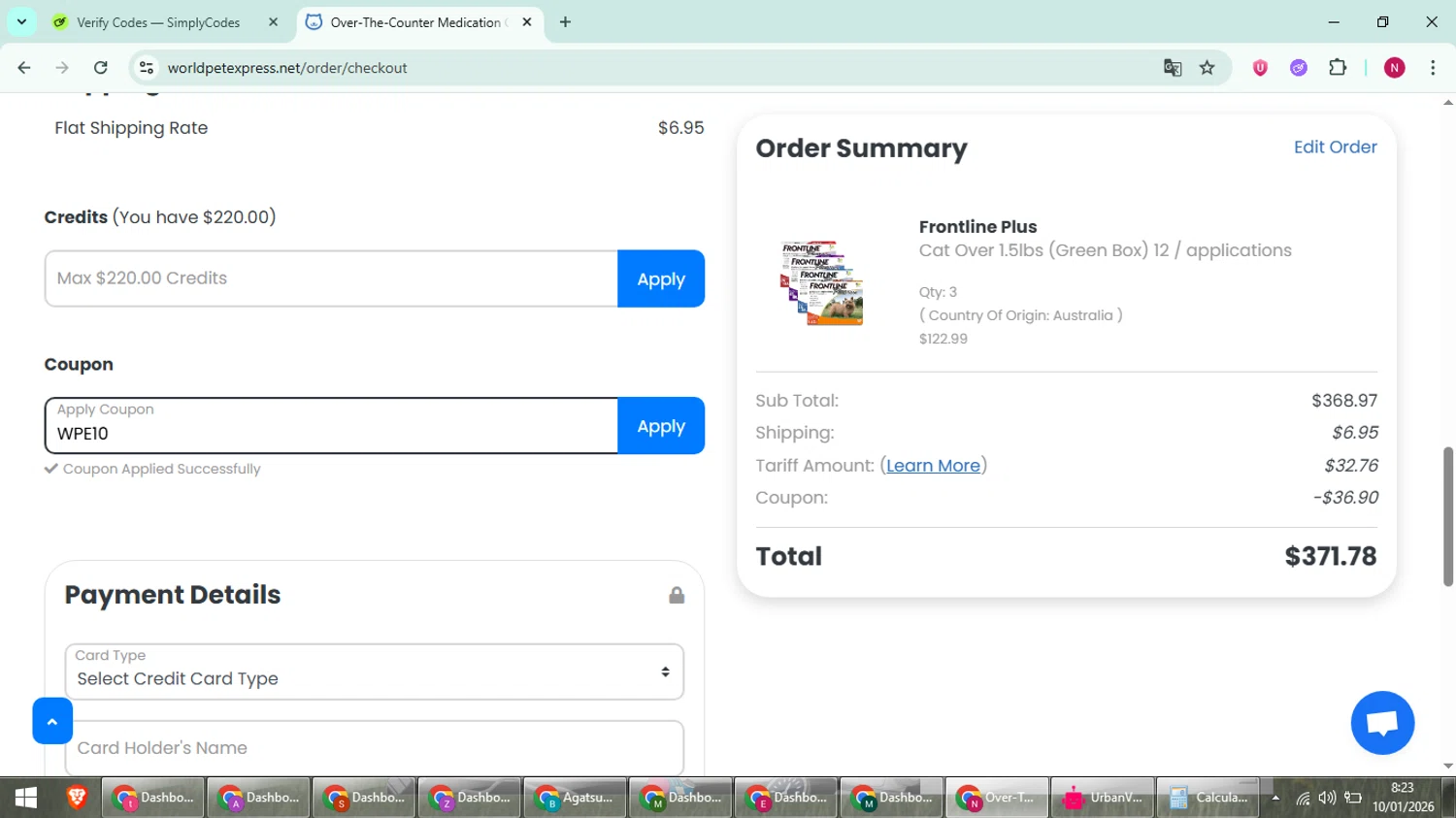 Total Pet Supply checkout page showing Total Pet Supply promo code box | Screenshot taken by SimplyCodes community member on Jan 10, 2026