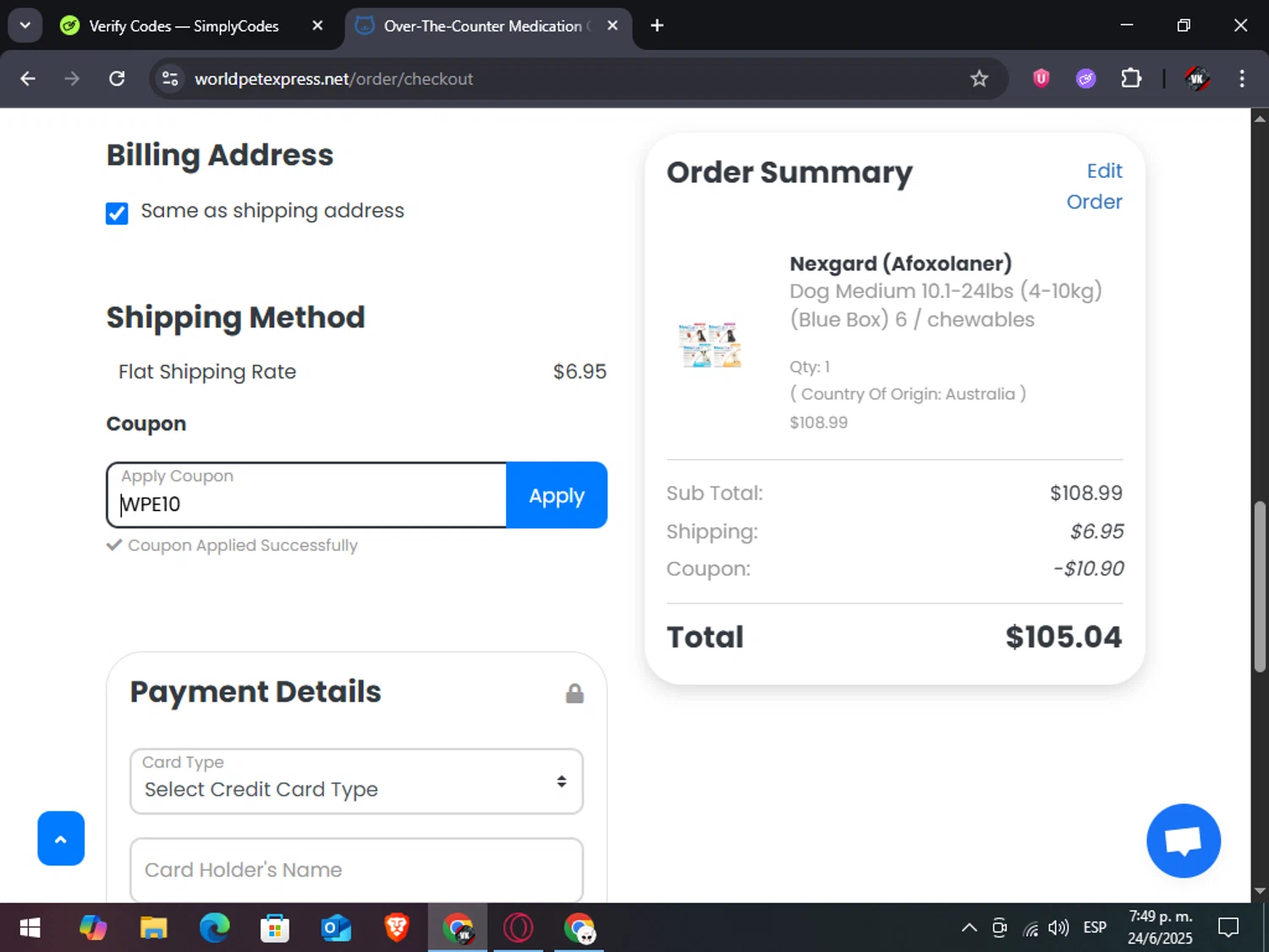Total Pet Supply promo code screenshot showing code WPE10 applied at Total Pet Supply checkout page. Uploaded by SimplyCodes community member TreasureAdmiral6867 on Jun 24, 2025