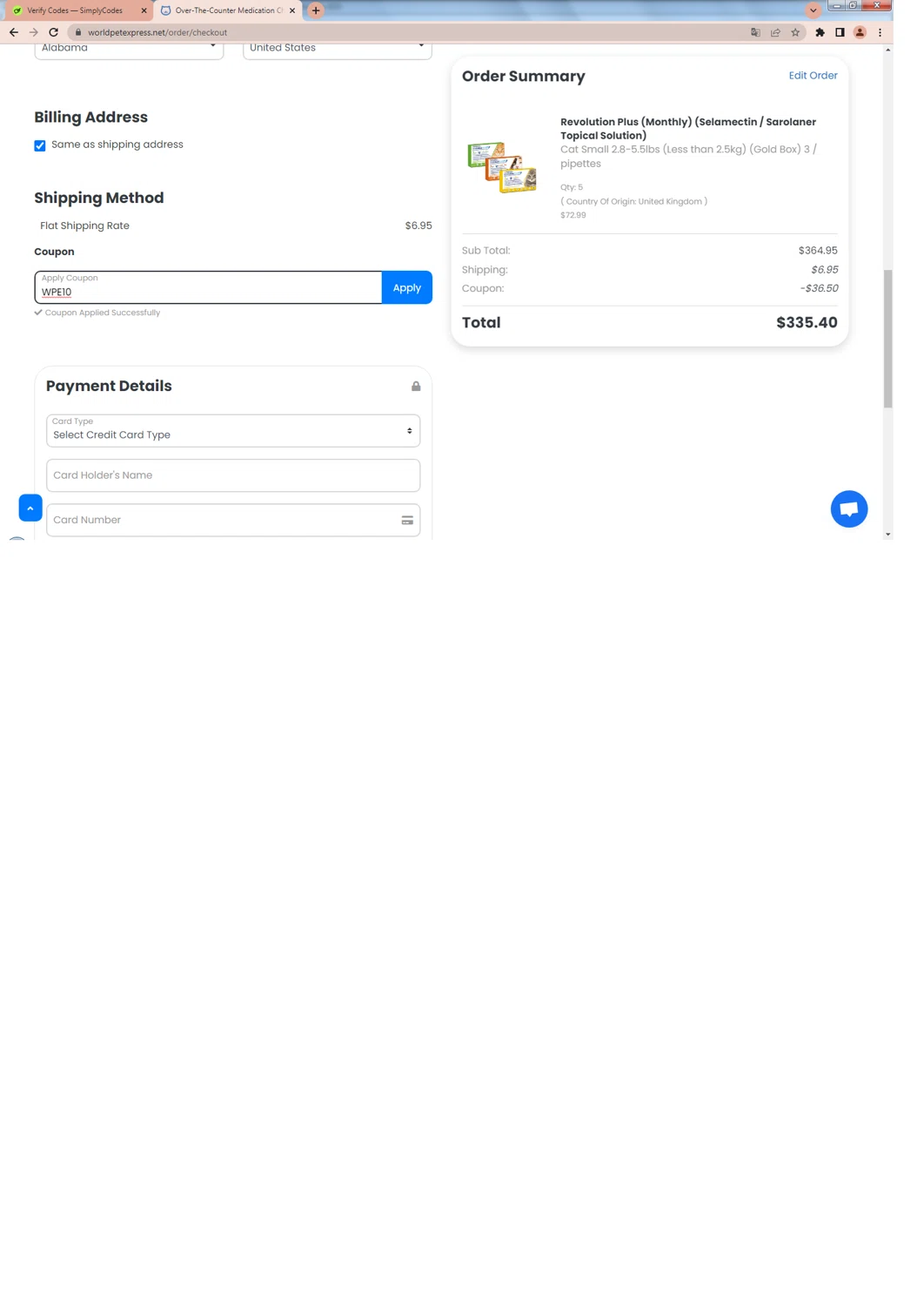 Total Pet Supply promo code screenshot showing code WPE10 applied at Total Pet Supply checkout page. Uploaded by SimplyCodes community member harinapan on Apr 29, 2025