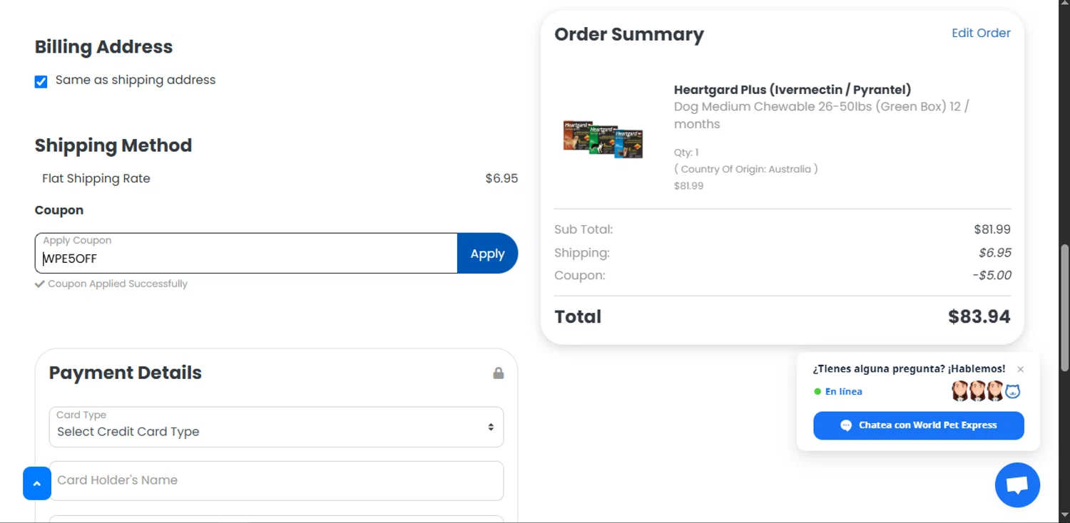 Total Pet Supply promo code screenshot showing code WPE5OFF applied at Total Pet Supply checkout page. Uploaded by SimplyCodes community member Xiooh292929 on Jun 11, 2025