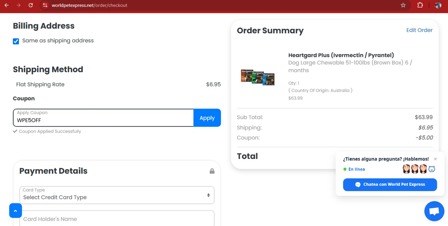 Total Pet Supply promo code screenshot showing code WPE5OFF applied at Total Pet Supply checkout page. Uploaded by SimplyCodes community member kimberlinmartinez on Jun 24, 2025