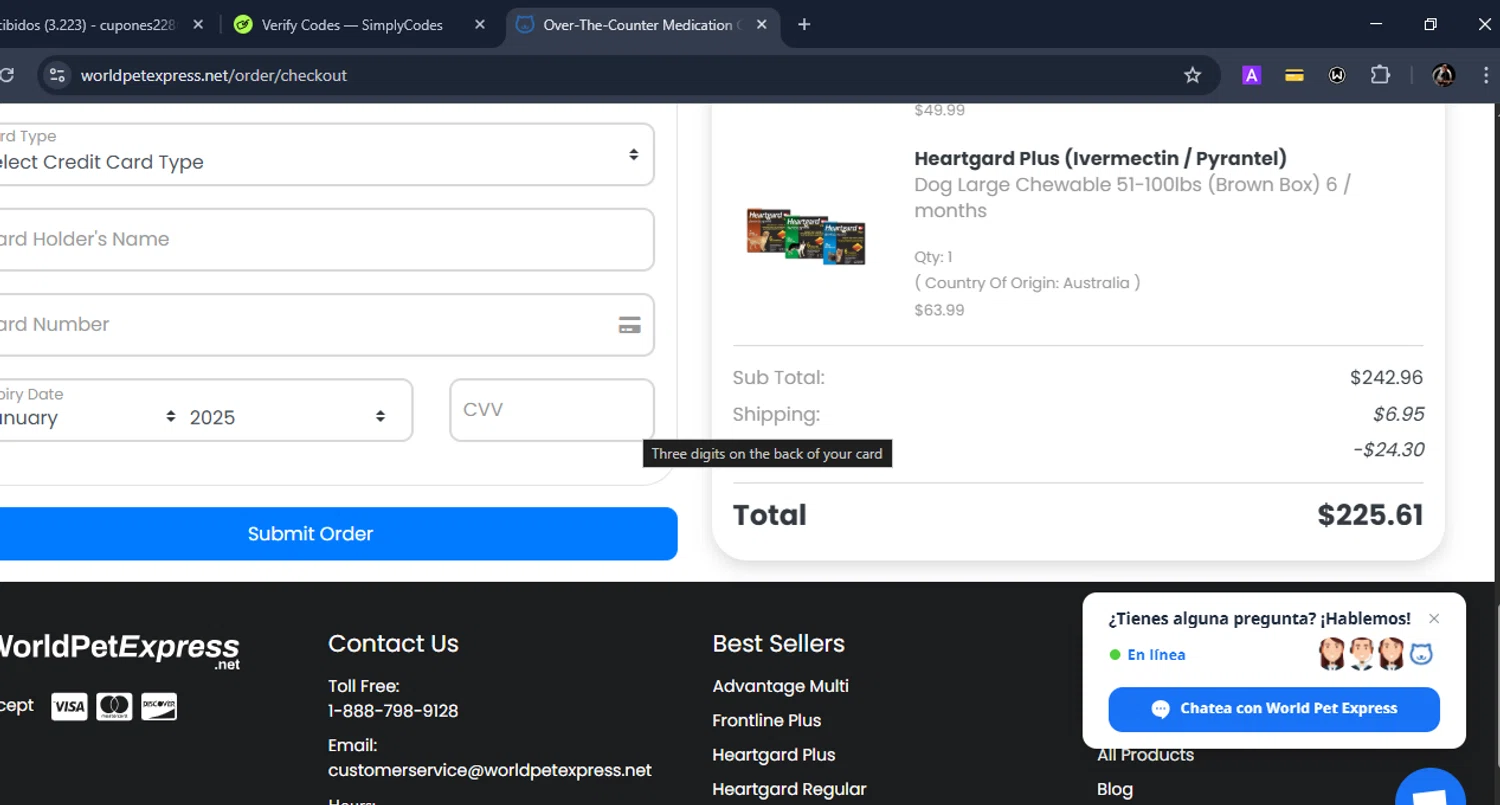 Total Pet Supply promo code screenshot showing code FLEATICK10 applied at Total Pet Supply checkout page. Uploaded by SimplyCodes community member Eduard on May 13, 2025