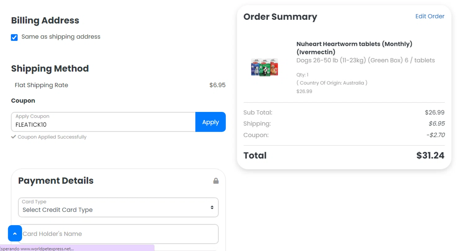 Total Pet Supply promo code screenshot showing code FLEATICK10 applied at Total Pet Supply checkout page. Uploaded by SimplyCodes community member Ronald on May 20, 2025