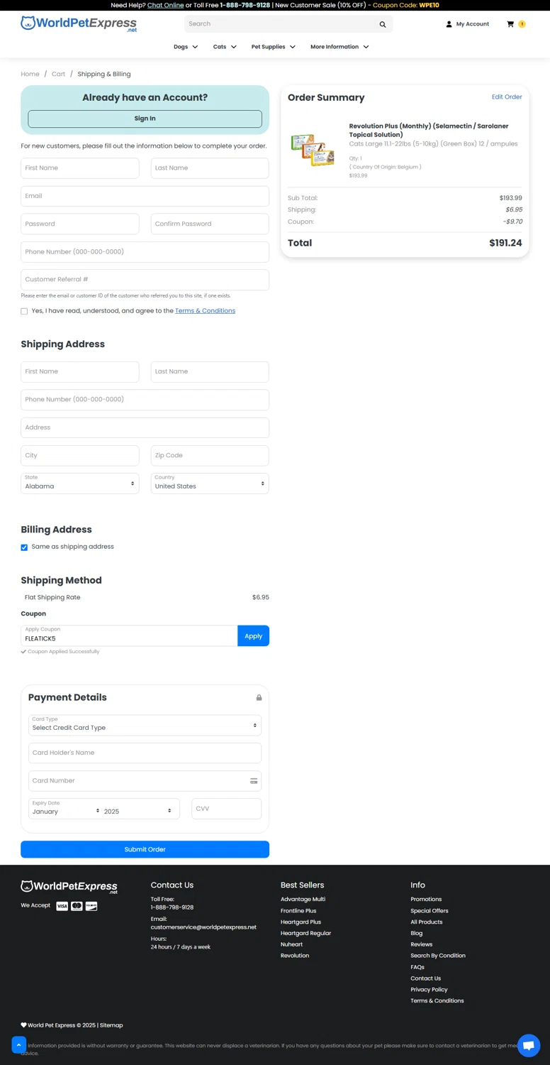 Total Pet Supply promo code screenshot showing code FLEATICK5 applied at Total Pet Supply checkout page. Uploaded by SimplyCodes community member Myrulesmagazine23 on Apr 29, 2025