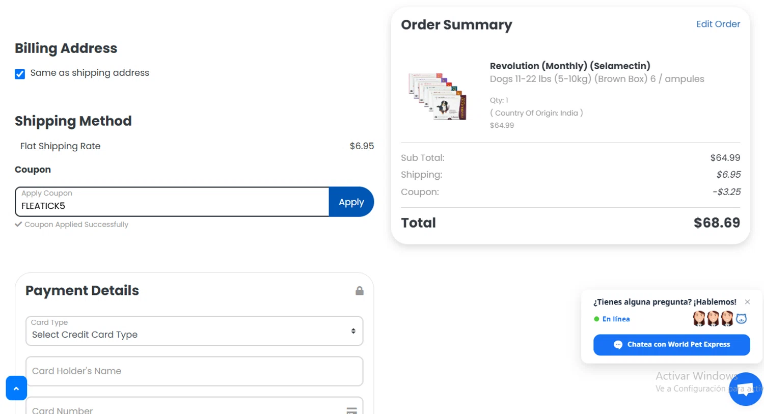 Total Pet Supply promo code screenshot showing code FLEATICK5 applied at Total Pet Supply checkout page. Uploaded by SimplyCodes community member Gaby04 on Jun 24, 2025
