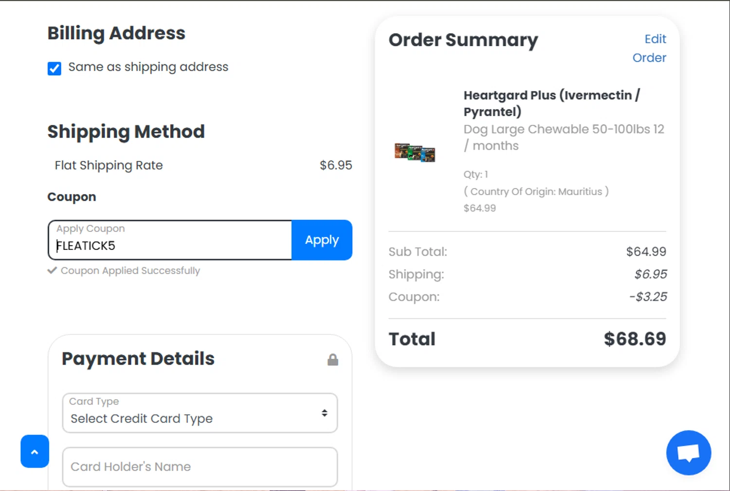 Total Pet Supply promo code screenshot showing code FLEATICK5 applied at Total Pet Supply checkout page. Uploaded by SimplyCodes community member FrugalHunter3134 on May 20, 2025