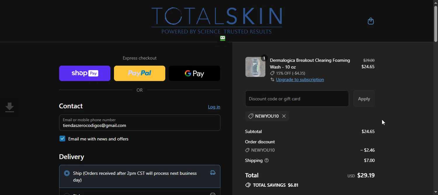 TOTALSKIN promo code screenshot showing code NEWYOU10 applied at TOTALSKIN checkout page. Uploaded by SimplyCodes community member 111111 on Jul 25, 2025