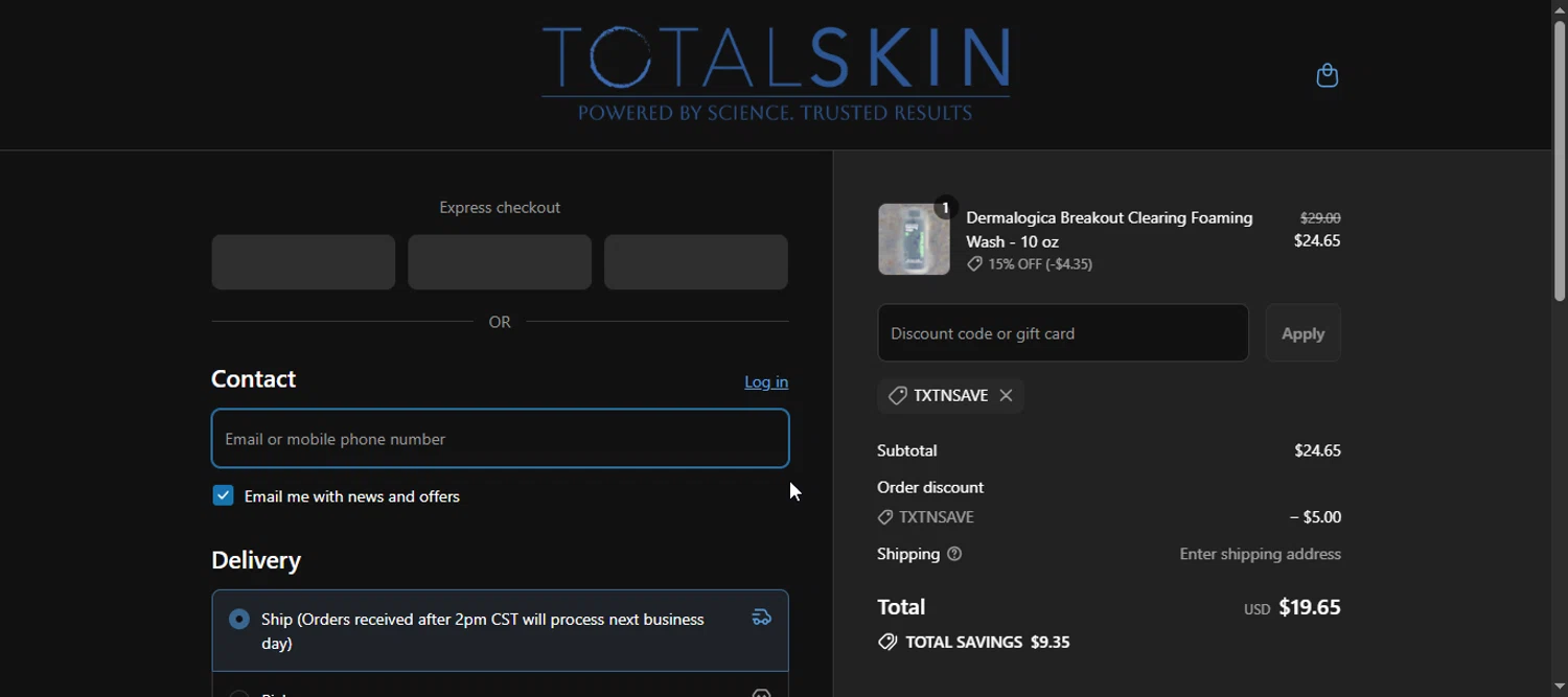 TOTALSKIN promo code screenshot showing code TXTNSAVE applied at TOTALSKIN checkout page. Uploaded by SimplyCodes community member 111111 on Jul 25, 2025