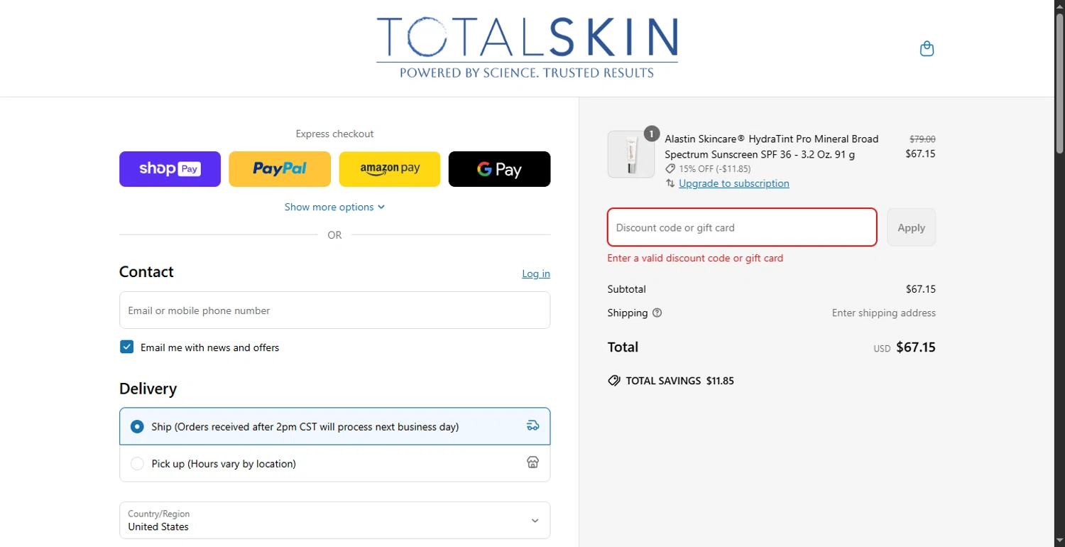 TOTALSKIN promo code screenshot showing code ALSAVE5 applied at TOTALSKIN checkout page. Uploaded by SimplyCodes community member CodeFinder699 on Jun 20, 2025