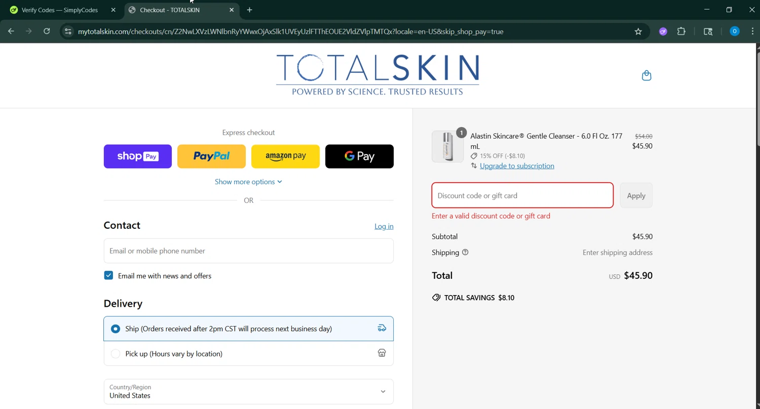 TOTALSKIN promo code screenshot showing code ALSAVE5 applied at TOTALSKIN checkout page. Uploaded by SimplyCodes community member GoldAdmiral5202 on Jun 20, 2025