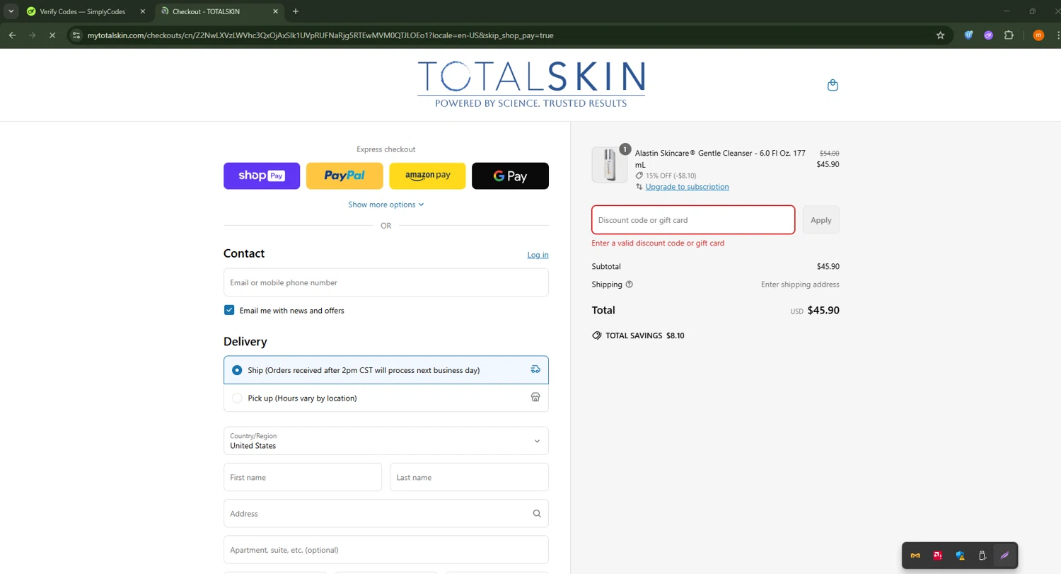 TOTALSKIN promo code screenshot showing code ALSAVE5 applied at TOTALSKIN checkout page. Uploaded by SimplyCodes community member Davoxeneixe on Jun 20, 2025