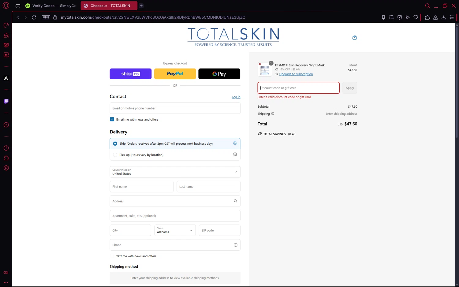 TOTALSKIN promo code screenshot showing code ELSAVE10 applied at TOTALSKIN checkout page. Uploaded by SimplyCodes community member frijolito on Jun 20, 2025