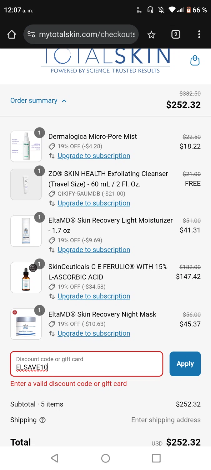 TOTALSKIN promo code screenshot showing code ELSAVE10 applied at TOTALSKIN checkout page. Uploaded by SimplyCodes community member CouponWhiz2217 on Jun 20, 2025