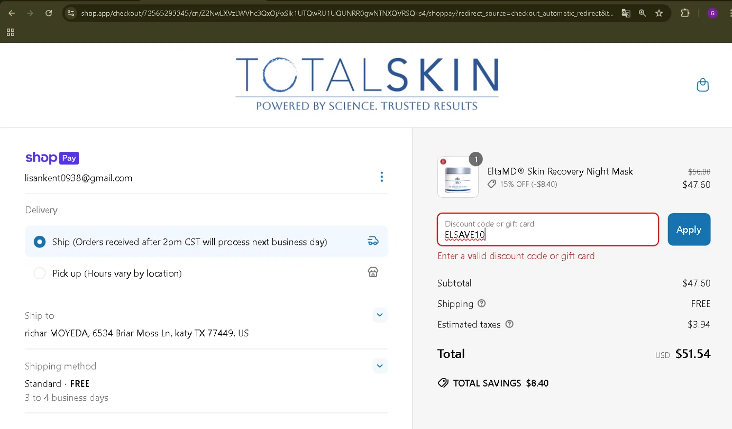 TOTALSKIN promo code screenshot showing code ELSAVE10 applied at TOTALSKIN checkout page. Uploaded by SimplyCodes community member WiseMaverick4603 on Jun 20, 2025
