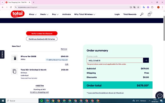 Total Wireless checkout page showing Total Wireless promo code box | Screenshot taken by SimplyCodes community member on Sep 9, 2025