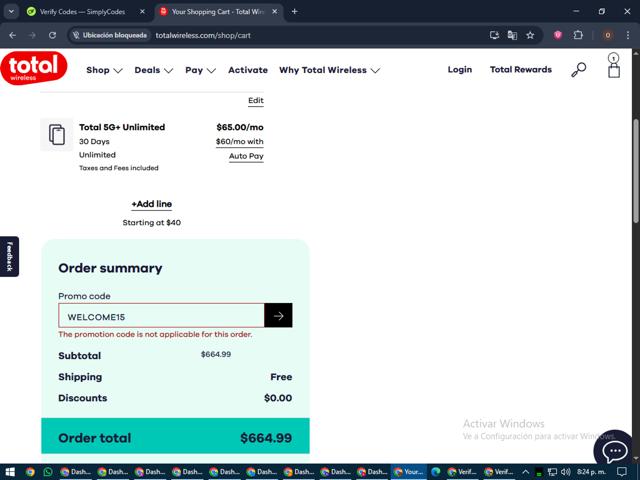 Total Wireless checkout page showing Total Wireless promo code box | Screenshot taken by SimplyCodes community member on Jun 12, 2025