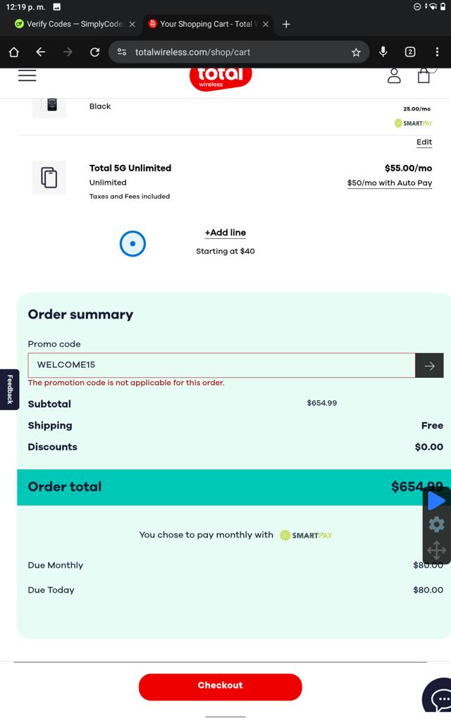 Total Wireless checkout page showing Total Wireless promo code box | Screenshot taken by SimplyCodes community member on Jun 27, 2025