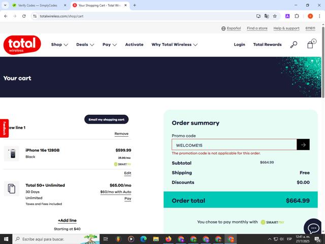 Total Wireless checkout page showing Total Wireless promo code box | Screenshot taken by SimplyCodes community member on Jul 27, 2025