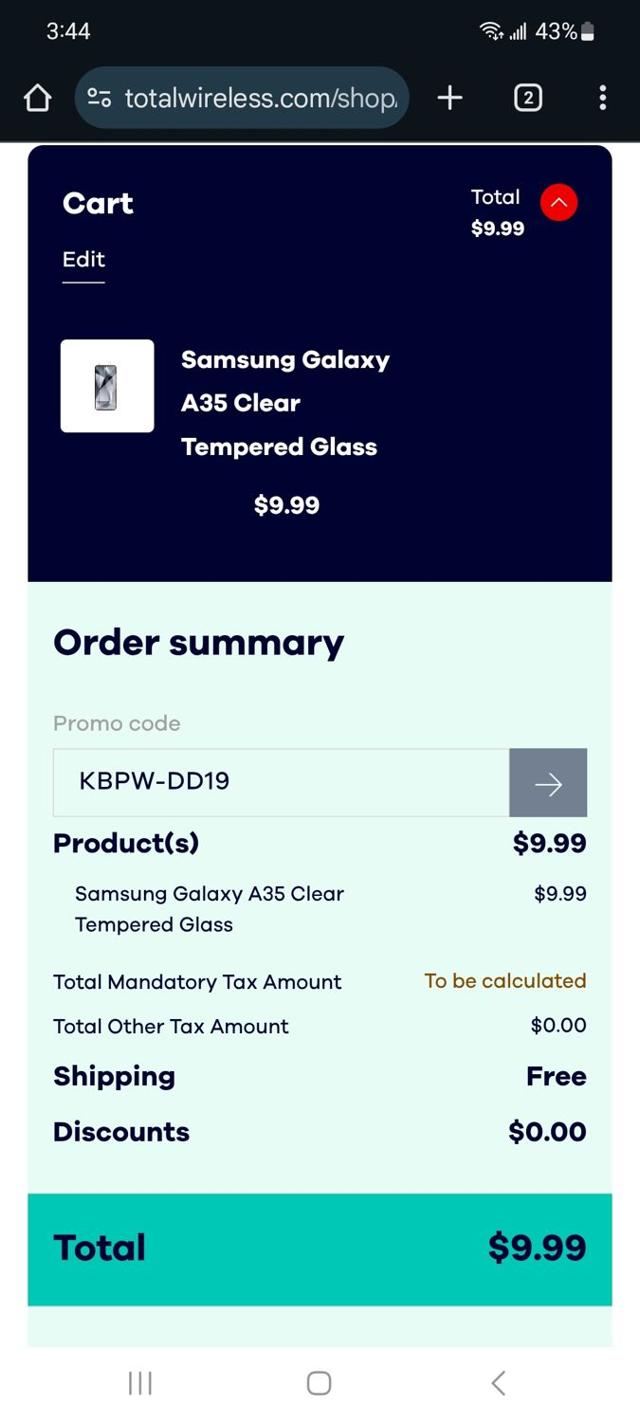 Total Wireless checkout page showing Total Wireless promo code box | Screenshot taken by SimplyCodes community member on Sep 1, 2025