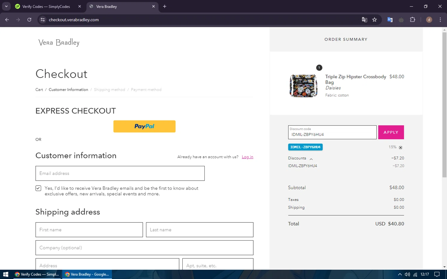 where to use Vera Bradley promo code box